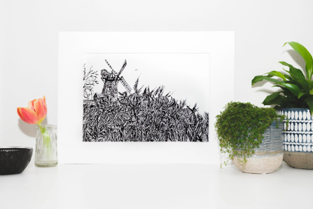 Cley Windmill Norfolk  Ink Sketched  Print Mounted or Framed 