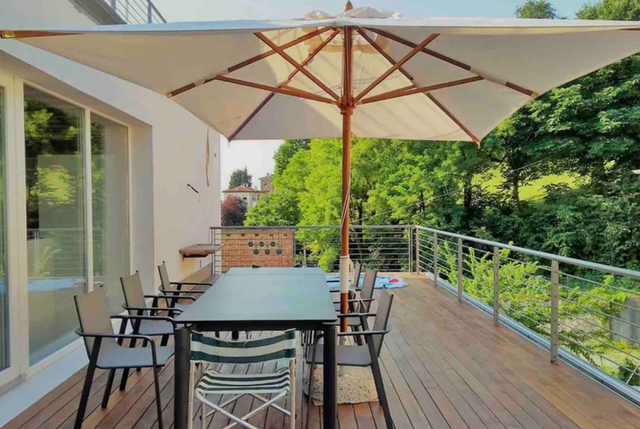 Ombrellone in legno Ecru palo centrale telo rettangolare con balza 3X4 Made in Italy