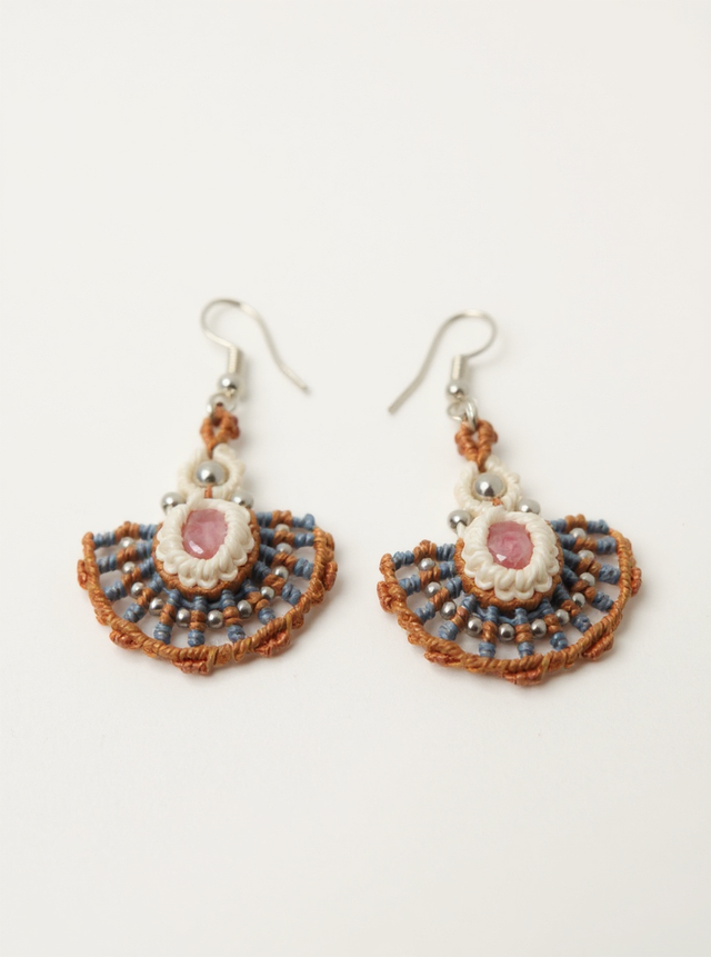 Boucles d’oreille rhodochrosite &amp; pierre de lune en micro-macramé