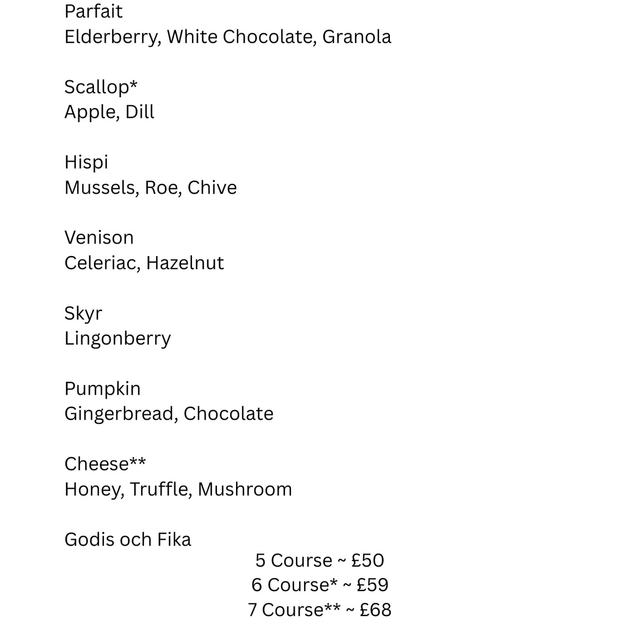 5 course tasting menu 8.00pm