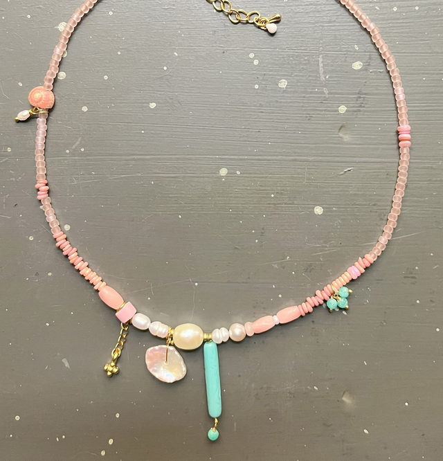 Collier collection de perles rose et turquoise