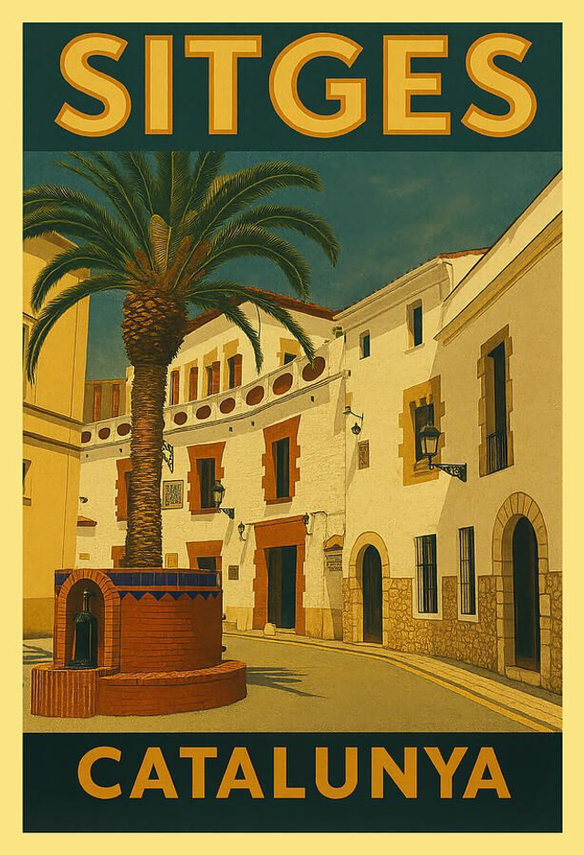 Cartel Viaje Vintage Casa Rectoral Sitges Escena Encantadora Plaza Sitges