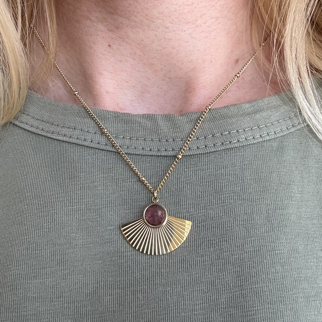 Amethyst Fan Stainless Steel Necklace