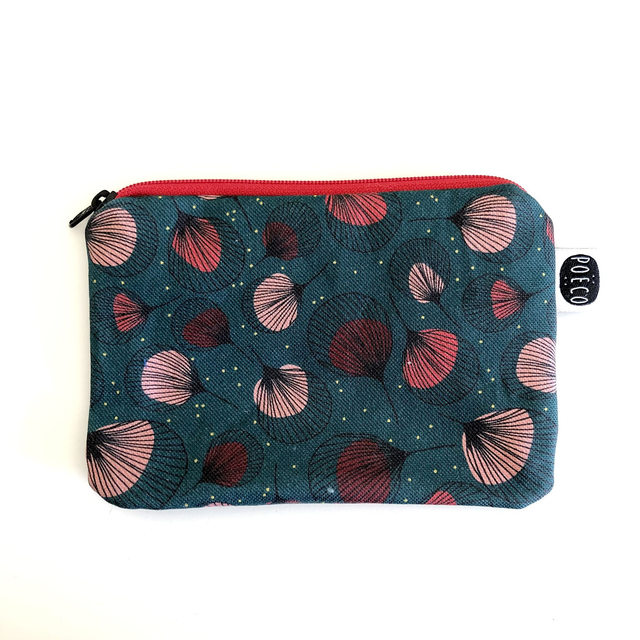 Trousse porte-monnaie -  PLUMES rouges fond vert fonçé