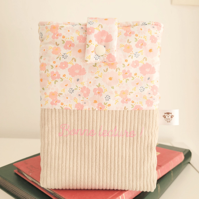 Pochette à livre/liseuse fleurs roses