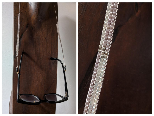 Cordon lunettes tissé main en perles de verre beige et taupe, monté sur fil de lin résistant, pièce unique 
