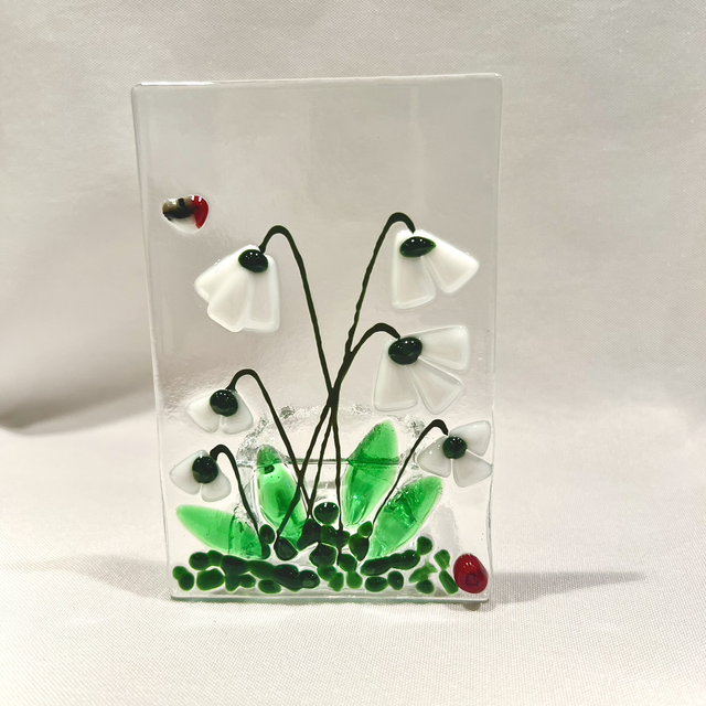 Snowdrop fused glass picture tealight