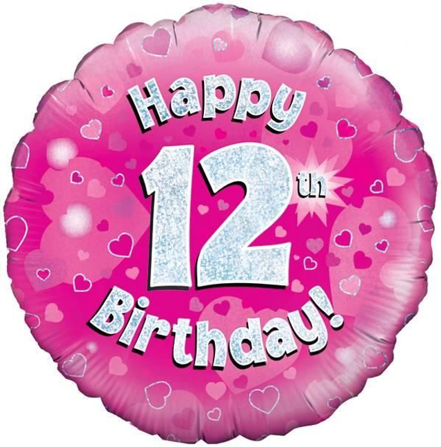 18" HAPPY 12TH BIRTHDAY PINK HOLOGRAPHIC FOIL