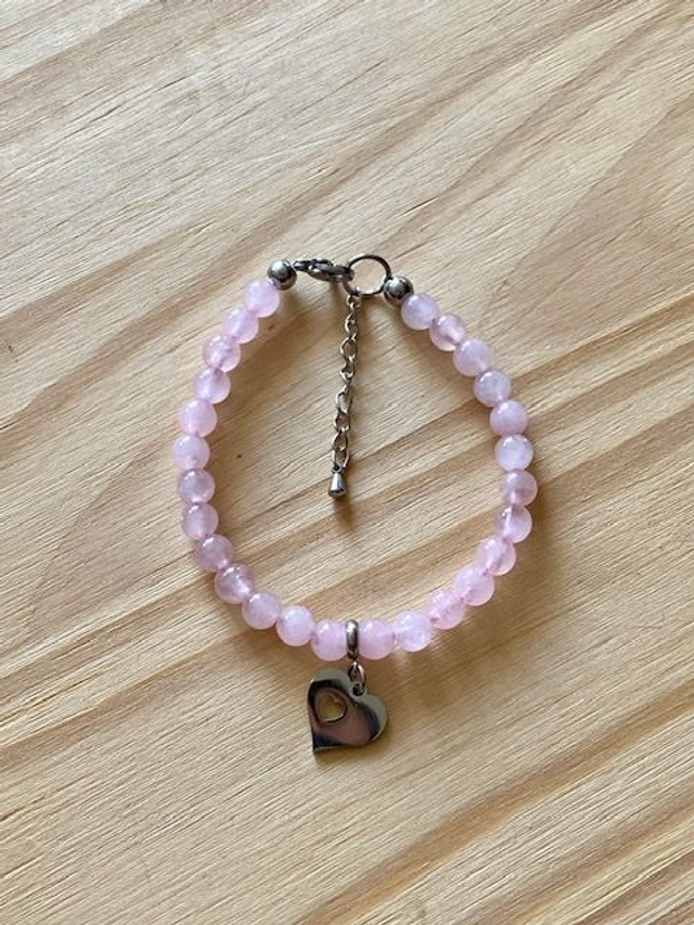 Bracelet Câble Quartz Rose 6 mm Cœur - 17 à 20 cm