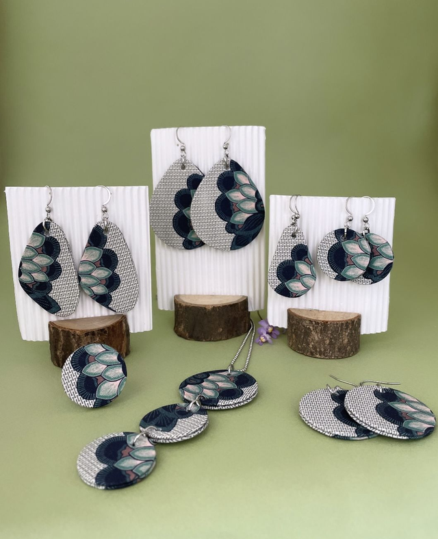 Boucles d'oreilles carton et tissu imprimé forme petites rondes, collection « lotus » - tons beige, vert et noir.