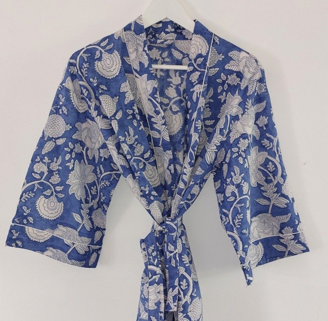 Robe kimono en coton, peignoir, robe de chambre, imprimé à la main, motif floral blanc et bleu, L.100cm