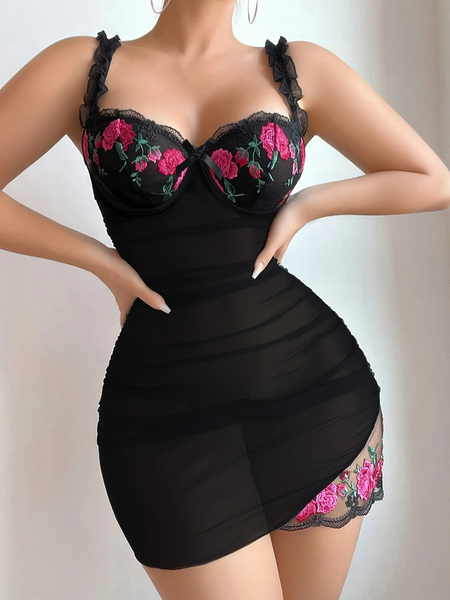 Women's Embroidered Mesh Slip Nightgown with V-Neck and Floral Detail 