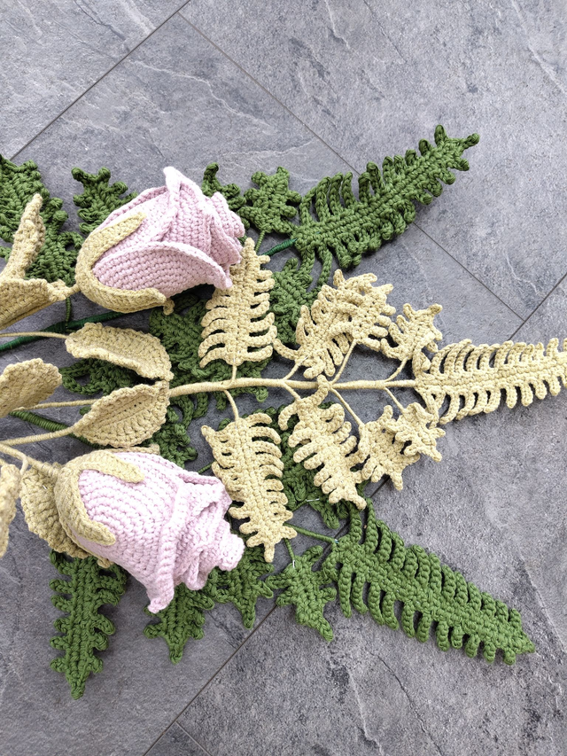 crochet crafts - Handmade Crochet Rose with Wired Fern Spray | Dusky Pink Cotton Flower Forever Stem - (Ready to Ship)