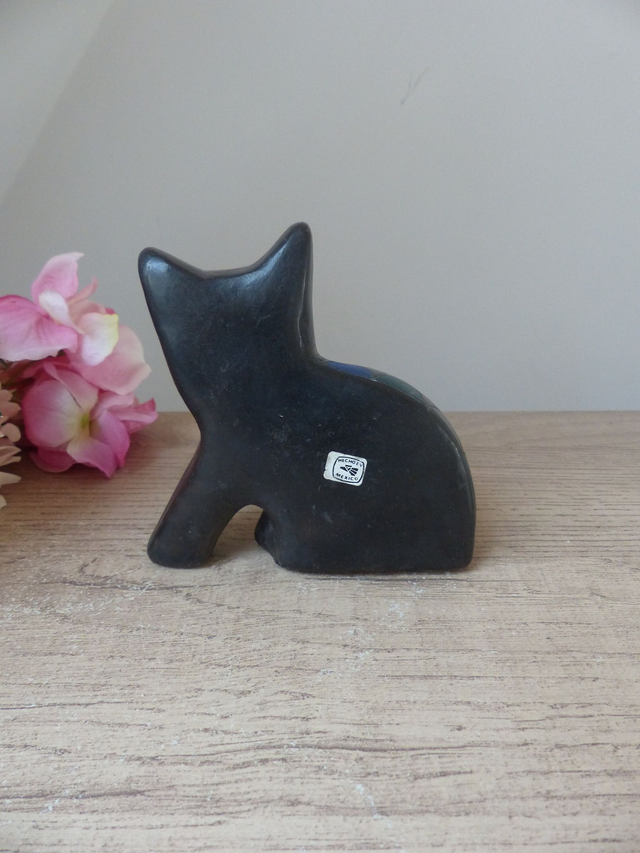 Figurine Chat Mexicain Vintage en Argile Noire et Bleue – Sculpture Artisanale Années 60, Style Manuel Felguérez