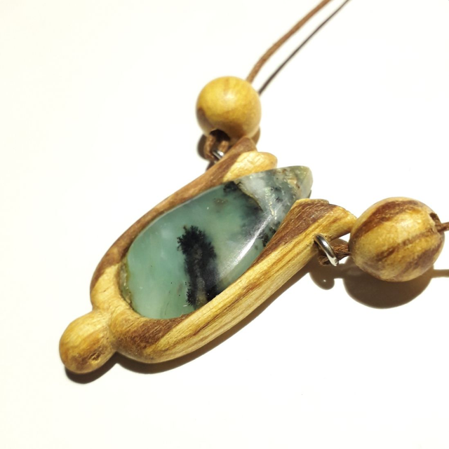 Peruvian Blue Opal Necklace With Hand Carved Palo Santo Wood 