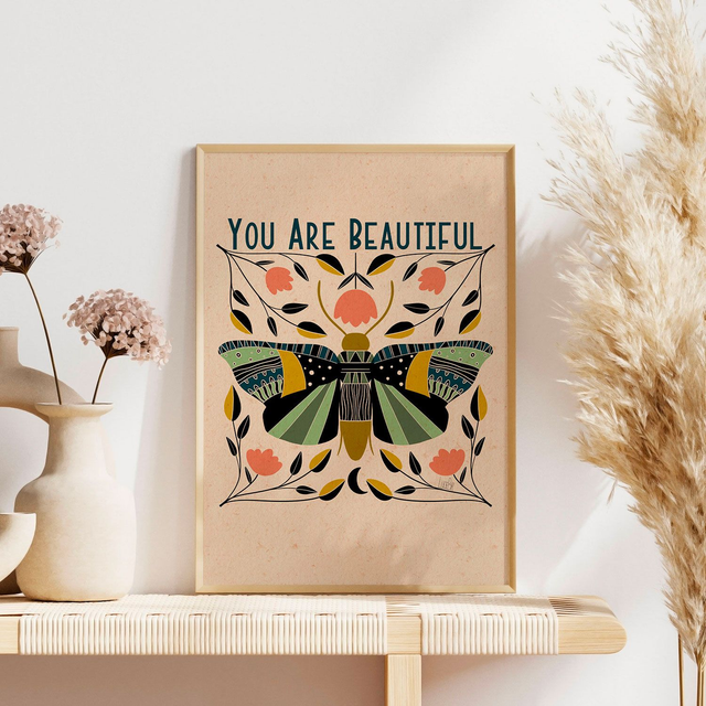 Affiche A5 A4 A3 Papillon Folk "You are beautiful"
