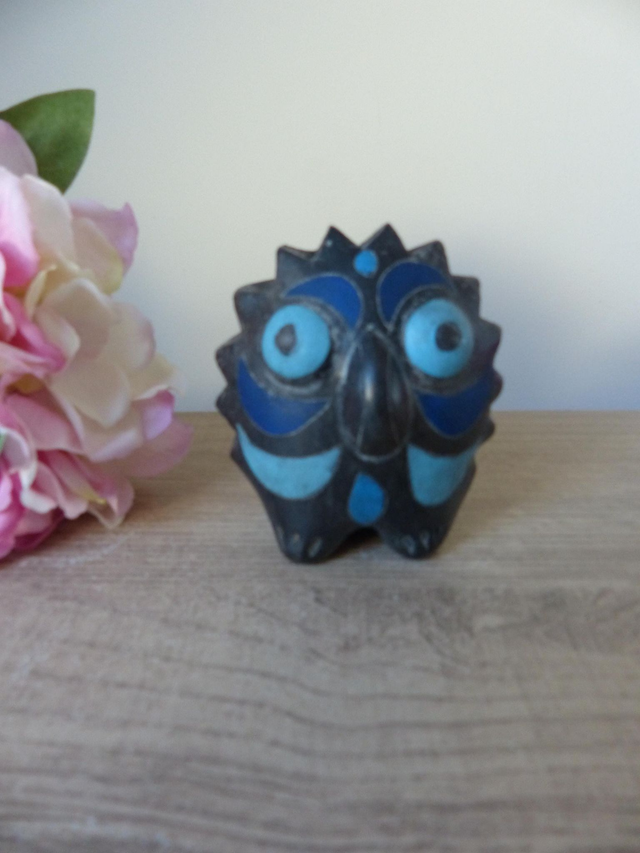 Figurine Chouette Mexicaine Vintage – Poterie en Argile Bleue et Noire, Sculpture Rare des Années 70