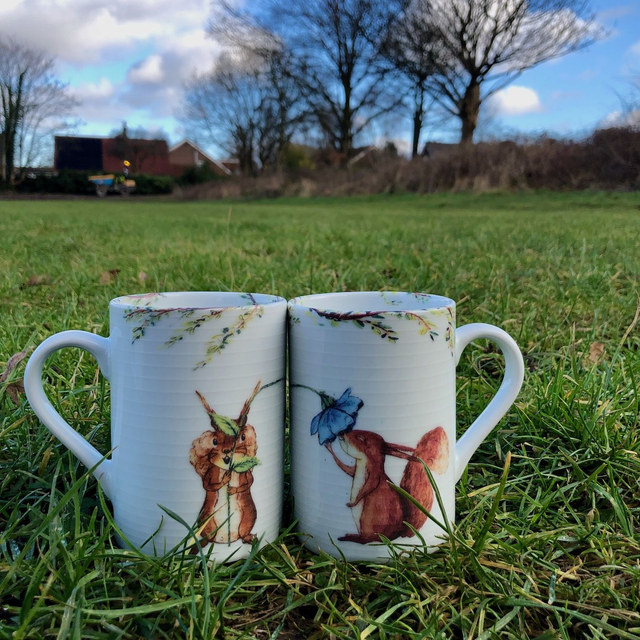 Squirrel friends upcycled mugs and coffee cups