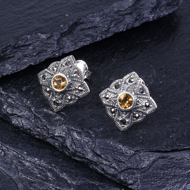Vintage Sterling Silver 925 Art Deco Style Small Round Cut Orange Citrine Marcasite Gemstone November Birthstone Star Design Stud Earrings