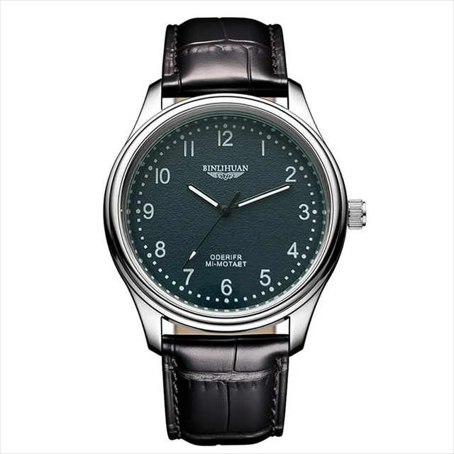 Montre pour hommes, fond vert bracelet en cuir noir étanche 3 bars 