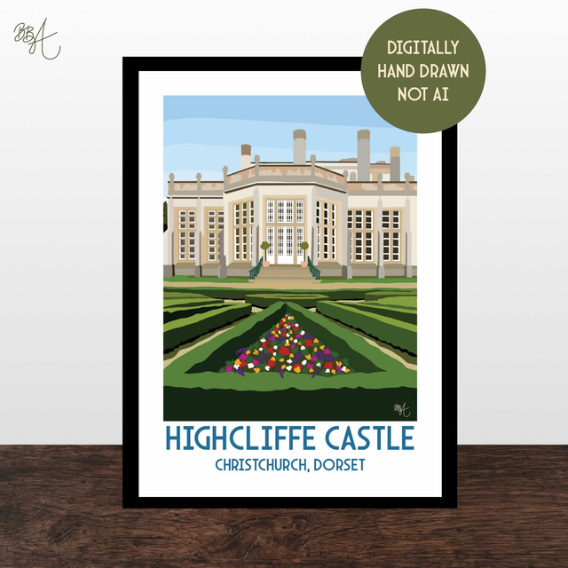 Highcliffe Castle, Travel Poster Print - Vintage Style Dorset Wall Art