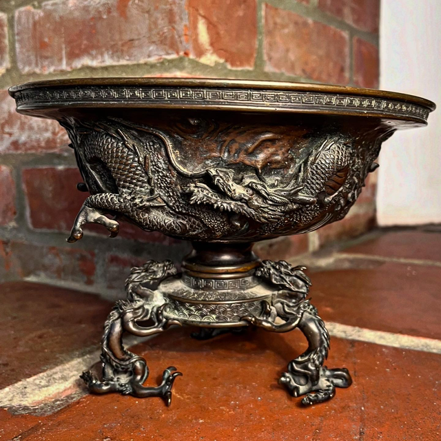 Japanese Bronze Three-part Censer Bowl Featuring Prominent Dragon Motifs, Signed By Watakumo Chûzo (No.2)