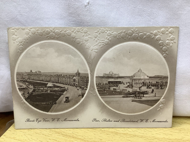 Birds Eye View, W.E. Morecombe &amp; Pier Shelter and Bandstand, Lancashire, Chown Series Vintage  postcard. Our Ref no R597 £2.50