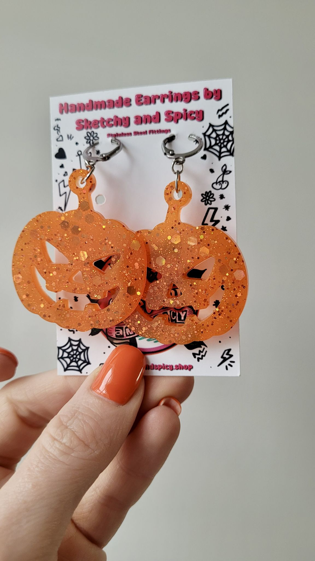 Orange Glitter Pumpkin Earrings | Stainless Steel Hoops