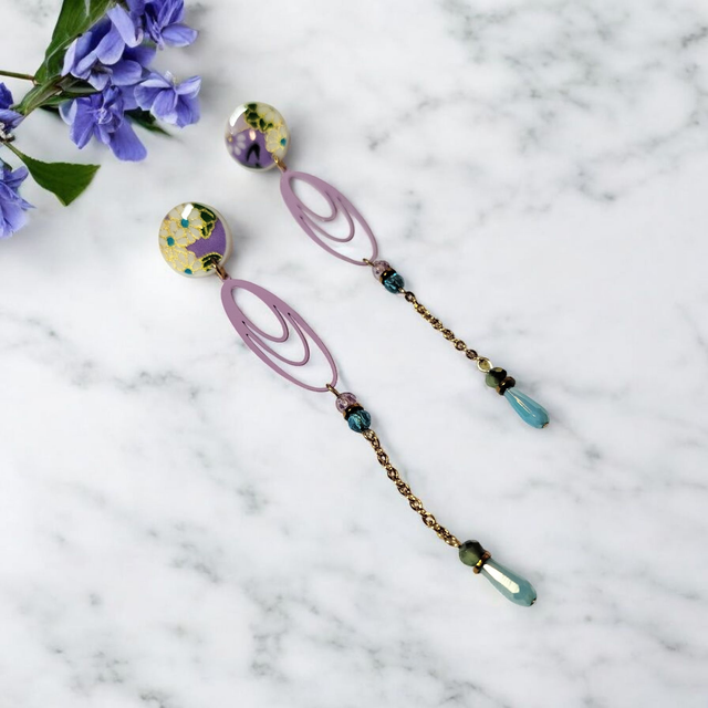 Boucles d'oreilles pendantes motifs japonais parme turquoise