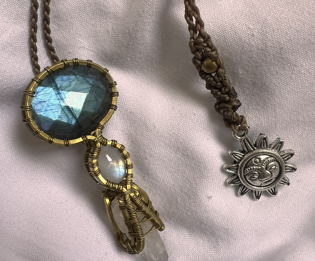 🌌 “Alignment” – Faceted Labradorite, Moonstone & Clear Quartz Pendant with Brass & Sun Talisman