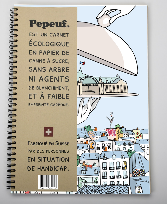 Carnet A4 de la marque Pepeuf portant une illustration faite par Moiselle Isaure appelée "Paris"