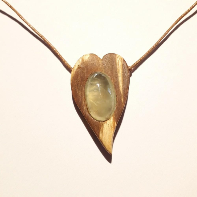 Prehnite Hearth Necklace With Hand Carved Palo Santo Wood