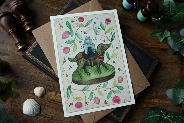 Carte postale médiévale- Chien Château – Aquarelle &amp; dorures à la main – 10,5x15 cm avec enveloppe 