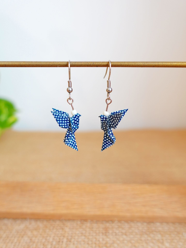 Origami Colombe, oiseau / INOX / Boucles d'oreilles / Papier japonais washi / Bleu à pois blancs, Argent / Bijou japonais origami /