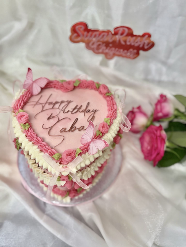 Pink Heart shaped Vintage Birthday Cake
