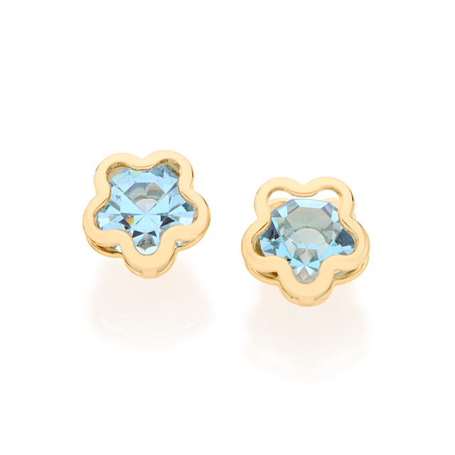Brinco folheado a ouro 18k flor com cristais Azul claro