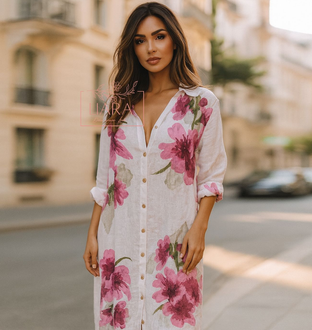 Leinen Blusen Kleid mit Blüten weiß pink Onesize