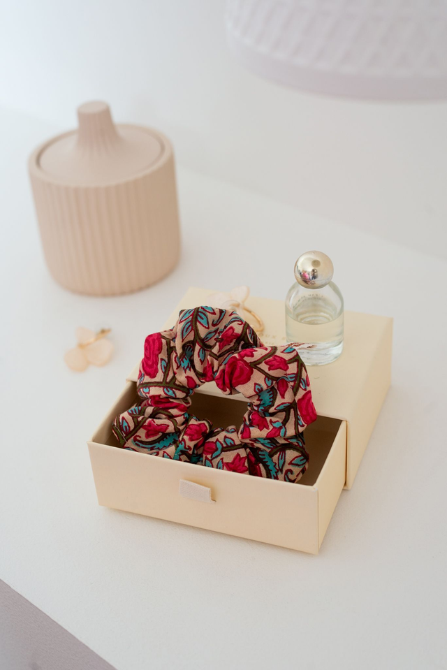 Chouchou scrunchie block print indien - fuchsia