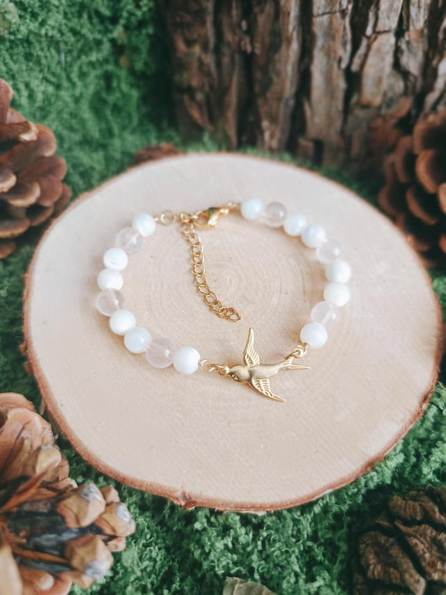 BRACELET - PEACE &amp; LOVE (quartz rose et nacre)