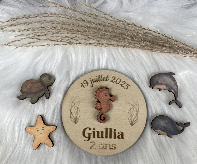 Magnet en bois personnalisé anniversaire enfant – Cadeau invité thème marin
