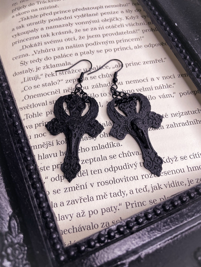 Náušnice Kříž s ptačí lebkou