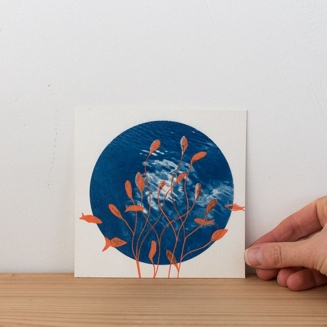 Fond marin - Carte cyanotype - 13 x 13 cm