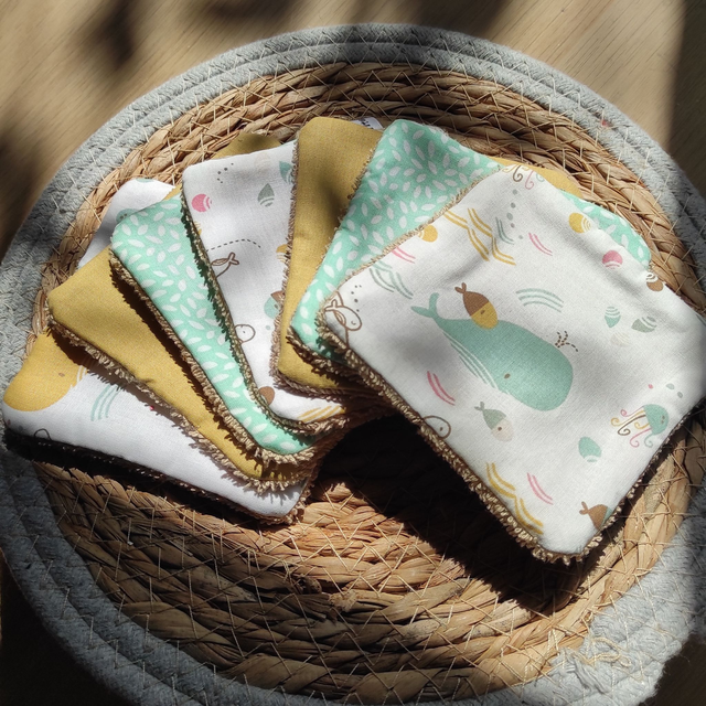 Lingettes lavables "Baleine ocre/bleu"