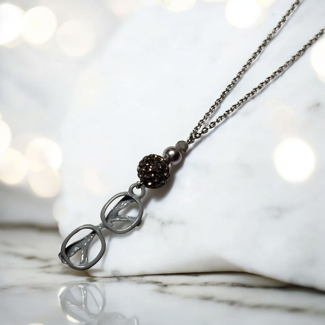 Collier acier inoxydable et cristal gris lunettes