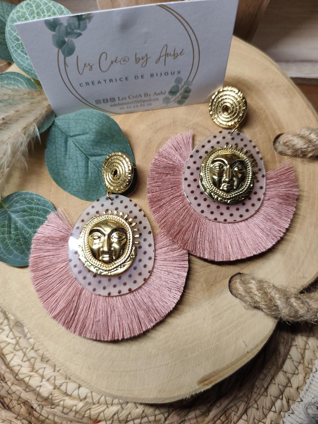 BO BIG BOHEME RESINE A POIS/ SOLEIL ACIER INOXY GOLD/ POMPONS VIEUX ROSE 0001187