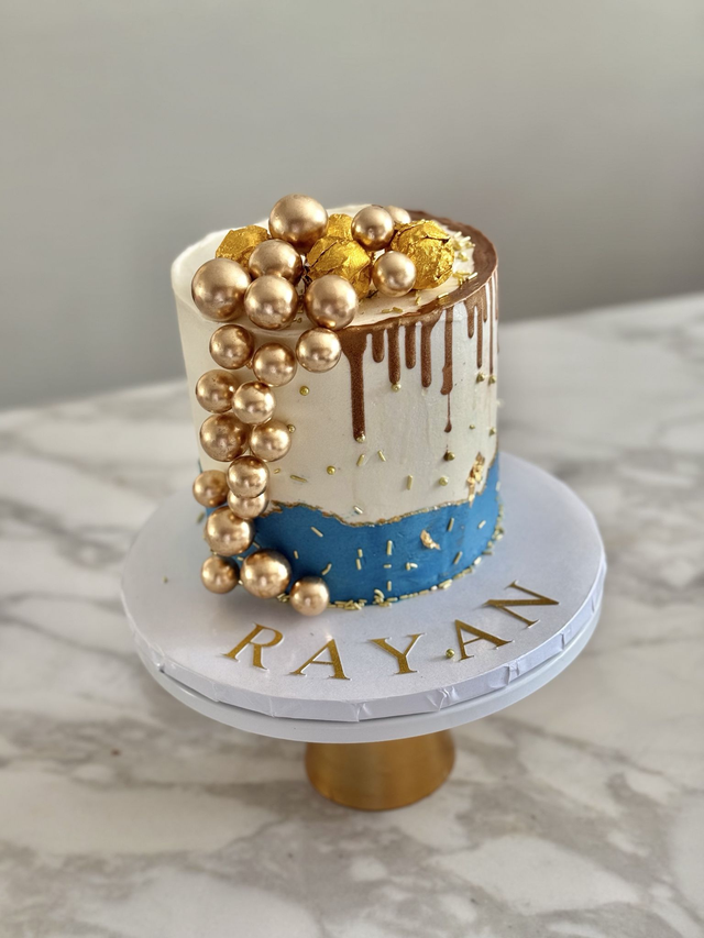 Blue &amp; Gold Drip Birthday Cake