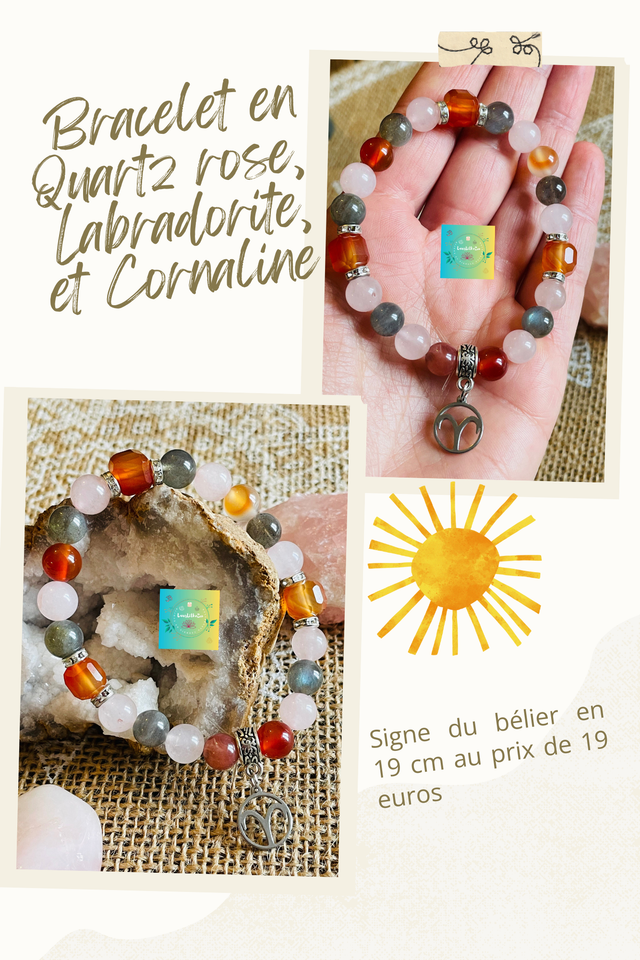 🌺♈️🍁Bracelet Signe Bélier Cornaline, Quartz rose et Labradorite 