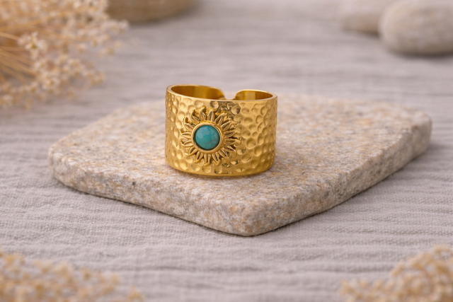 Bague large soleil en acier inoxydable 316L – Cabochon turquoise fantaisie