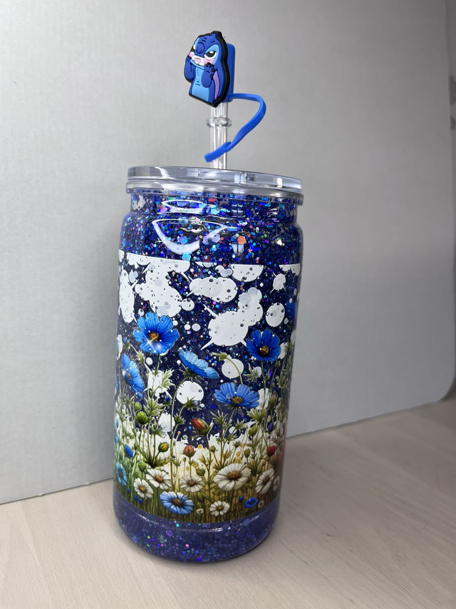 CANETTE GOBELET BOULE  A PAILLETTES  FLEURS BLEUES