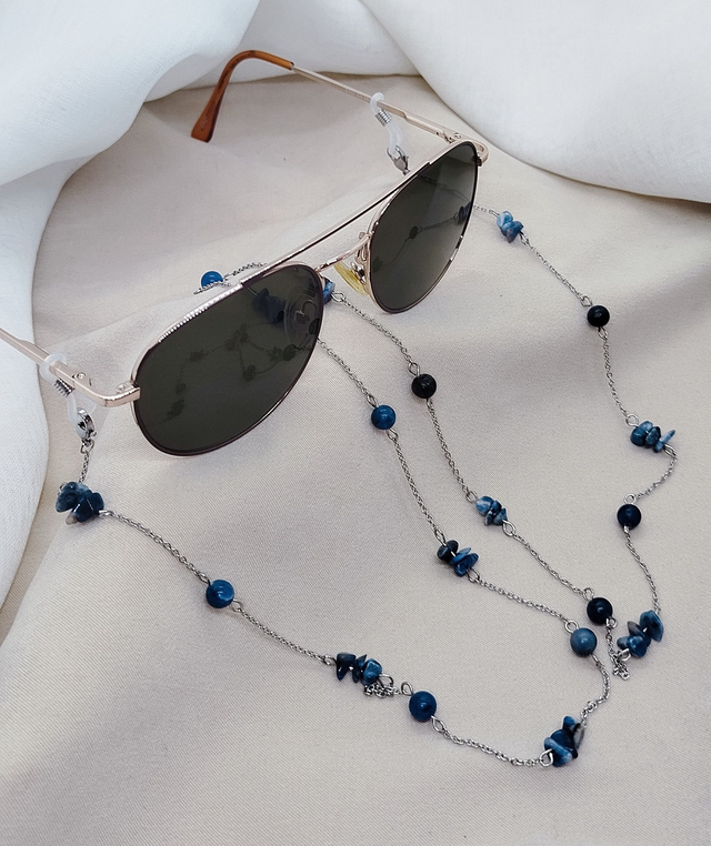 Chaîne de lunettes 83 cm acier inoxydable et pierres naturelles et pierres baroques (sodalite)